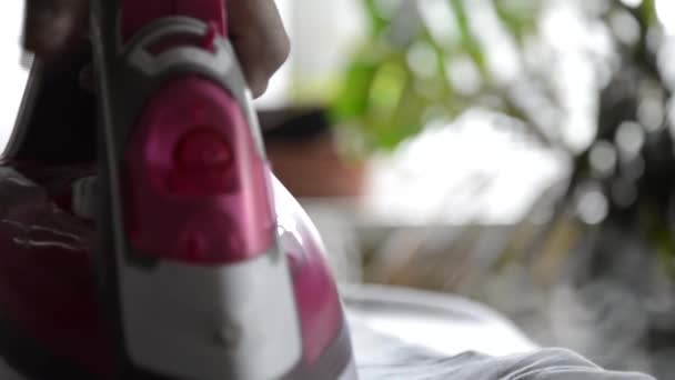 Modern Steam Iron Shallow Depth Field Ironing Clothes Iron Steam — Stock Video