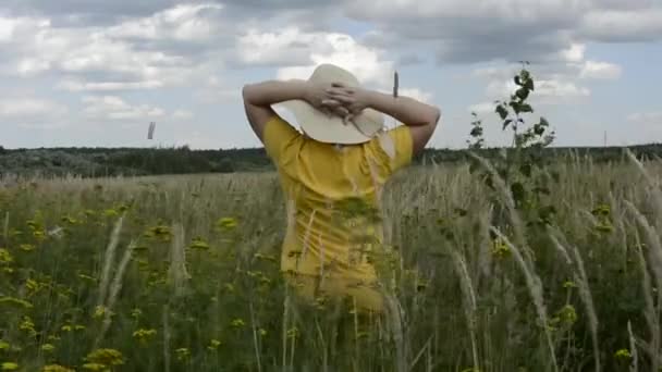 一个戴帽子的女人在花丛中用手吸着口水 一位老太太在一片繁茂的田野里散步 草本植物和花卉 — 图库视频影像