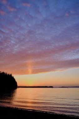 With the sun just below a forested horizon, both sky and sea turn into delicate shades of pink, orange and yellow.  Alder Bay, Northern Vancouver Island, BC, Canada