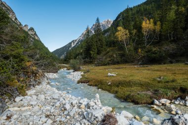 İtalyan Dolomitleri 'ndeki küçük nehir vadinin ortasından akar. Sonbahar yaprakları yakındaki ağaçlarda görünmeye başlıyor..
