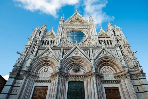 Siena Katedrali Nin Dış Cephesine Bakıyorum Karmaşık Taş Işçiliği Renkli — Stok fotoğraf