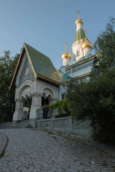 Cobble Stone Road Leads Beautiful Saint Nikolas Russian Church Sofia — Stock Photo, Image