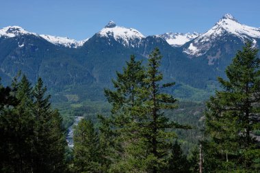 Vadi tabanındaki hızlı akan Cheakamus Nehri 'nden Whistler yolu üzerindeki Squamish yakınlarındaki British Columbia' nın Tantalus Sıradağları 'nın karlı zirvelerine kadar orman katmanlarından yükseliyor..