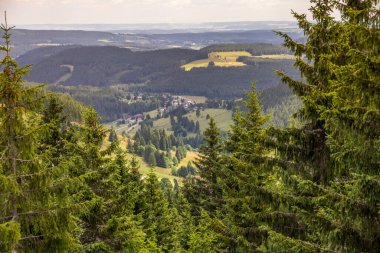 Almanya 'nın Kara Orman bölgesindeki Feldberg yakınlarındaki tarlalar, ormanlar ve köylerin manzarası