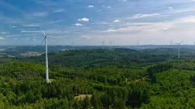 Mavi gökyüzünün altında yemyeşil bir arazi üzerindeki rüzgar türbinlerinin havadan görünüşü.