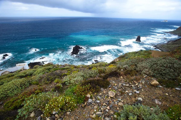 Rocky Coast of the ocean with waves and stormy clouds seen from mountain