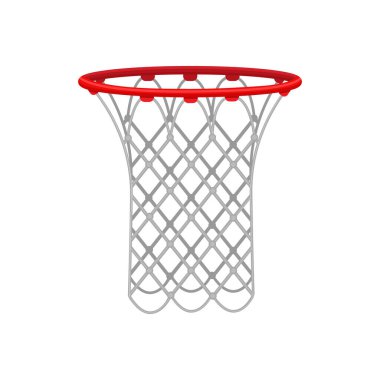 Basketbol oynamak için ip ağlı kırmızı basketbol potası. Spor malzemeleri. Vektör illüstrasyonu beyaz arkaplanda izole edildi.
