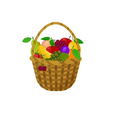 Çilek üzümlü, muzlu, kirazlı, portakallı, elma armudu şeftalili sepet. Vektör illüstrasyonu beyaz arkaplanda izole edildi.