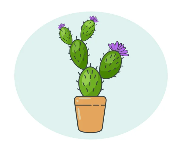 Leuke groene cactus in een platte stijl met een lila bloem die groeit in een bruine klei pot. Vector. — Stockvector