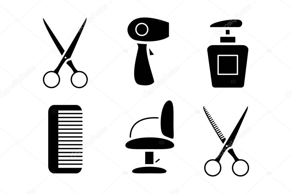 set of icons of hairdressing accessories such as scissors hair dryer comb chair shampoo. Tools for barbershops. Vector illustration isolated on white background.