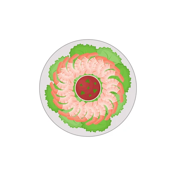 レタスの葉 赤いトマトソースとコリアンダーと丸皿にエビをゆでた 地中海料理の料理 白い背景に独立したベクターイラスト — ストックベクタ