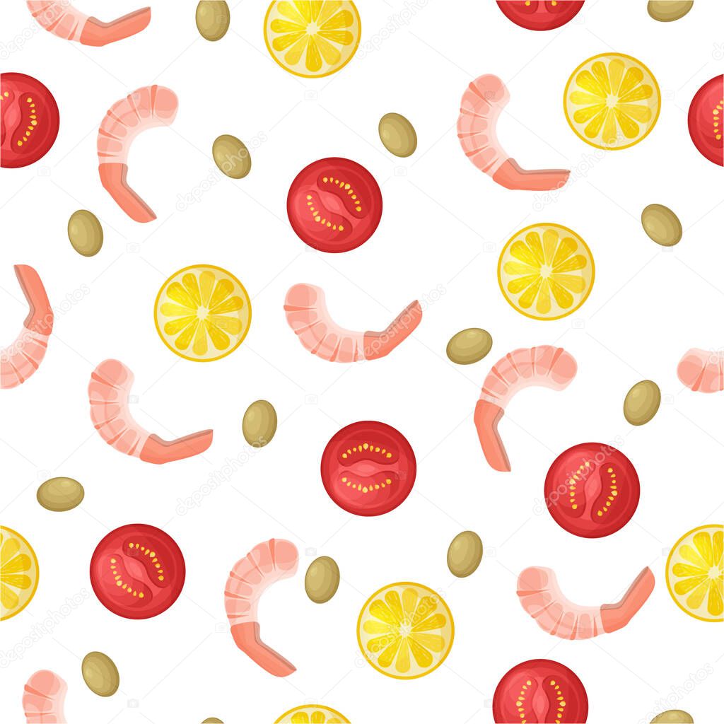 A seamless pattern of shrimp, tomatoes, olives and lemons. Vegetables and seafood. A dish of Mediterranean cuisine. Vector.