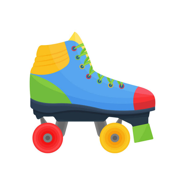 bright multi-colored roller skates in red, blue, orange and green colors, for walking and playing sports. Vector illustration isolated on a white background.
