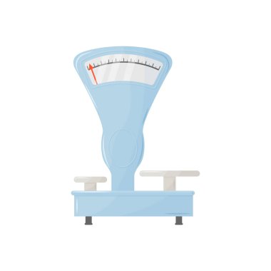 Büyük mekanik gıda terazileri çoğunlukla yiyecek, tahıl ve diğer çeşitli ürünleri tartmak için kullanılır. Mavi ve gri renkler. Beyaz arkaplanda izole edilmiş vektör illüstrasyonu