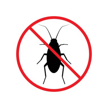 Hamamböceğinin kırmızı, ürkütücü bir dairedeki silueti. Hamamböceği ikonu, yasaklayıcı bir işarettir. Haşarat yok. Beyaz arkaplanda izole edilmiş vektör illüstrasyonu.