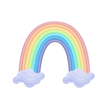 Bulutların üzerindeki parlak gökkuşağı kırmızı turuncu, mavi, mavi, mavi, mavi renkte. Beyaz arkaplanda izole edilmiş vektör illüstrasyonu.