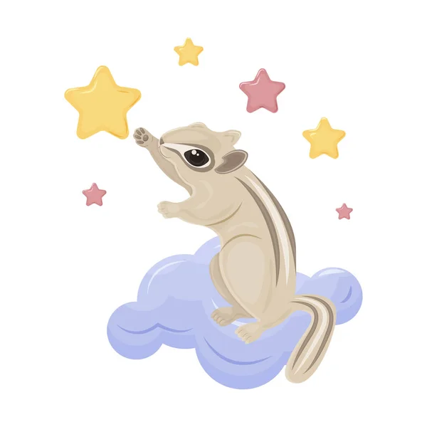 Schattige kinderillustratie, een eekhoorn zittend op een wolk, reikend naar een ster aan de hemel. Schattig sprookjesbeest Gopher. Een heldere illustratie van een eekhoorn voor kinderafdrukken. Vector. — Stockvector