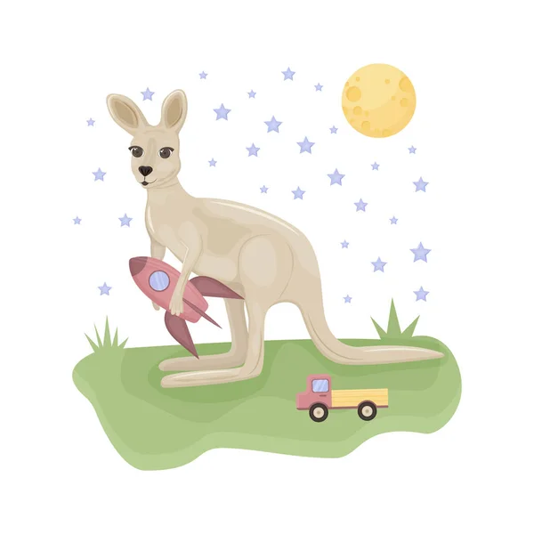 かわいい子供たちのイラスト 明るいカンガルーは おもちゃやロケットが芝生の緑の芝生の上にあり 月や空の星と一緒に座っています 子供の印刷用イラストセレクターは隔離 — ストックベクタ