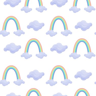 Parlak yaz, kusursuz çocuk deseni, mavi bulutların üzerinde duran renkli gökkuşağı. Çocuklar için gökkuşağında gökkuşağı deseni. Beyaz arkaplanda vektör illüstrasyonu.