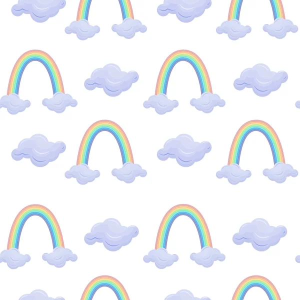 Luminoso modello estate senza soluzione di continuità per bambini, arcobaleno colorato in piedi su nuvole blu. Arcobaleno nel modello cielo per la stampa per bambini. Illustrazione vettoriale su sfondo bianco. — Vettoriale Stock