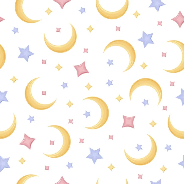 Bright children 's color seamless pattern. С изображением жёлтой луны и красной синей и жёлтой звёзд. Полумесяц со звездами. Лунный узор для печати, векторная иллюстрация . — стоковый вектор