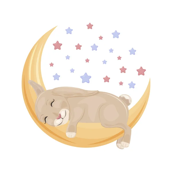 Ilustração das crianças bonitos brilhantes com a imagem de um coelho bonito dormindo na lua cercado por estrelas coloridas. Ilustração de impressão das crianças. Uma lebre em uma lua crescente. Vetor. — Vetor de Stock