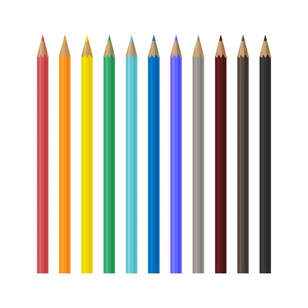 A large set of wooden colored pencils in different colors. School pencils for drawing. A set for creativity. Office supplies. Vector illustration on a white background — Stock Vector