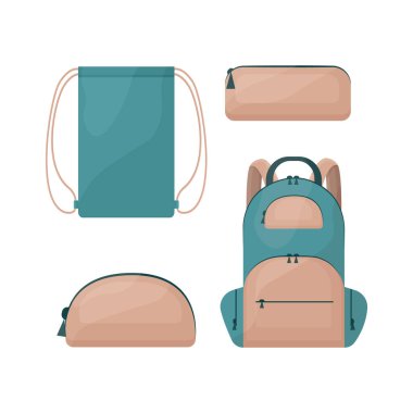 Okul çantalarından oluşan bir okul seti, örneğin bir sırt çantası, bir dikdörtgen kalem ve kurşun kalemler için yuvarlak bir kalem kutusu ve bir ayakkabı çantası. Beyaz arkaplanda izole edilmiş vektör illüstrasyonu