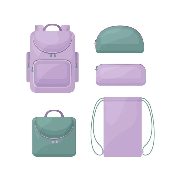 Um kit escolar composto por sacos escolares, como uma mochila, um estojo de lápis retangular e redondo para canetas e lápis, um saco de sapato e uma pasta. Ilustração vetorial isolada sobre fundo branco —  Vetores de Stock