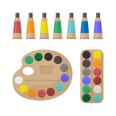 Yaratıcılık ve çizim için rengarenk boyalardan oluşan parlak bir set. Okul boya seti. Sanatçının aksesuarları. Borularda ve palette boyalar. Beyaz arkaplanda vektör illüstrasyonu