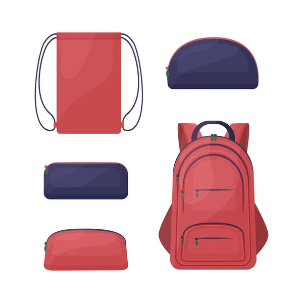 Een schoolpakket bestaande uit rode en blauwe schooltassen, zoals een kra rugzak, een rechthoekige en ronde potloodkist voor pennen en potloden, en een schoenentas. Vector illustratie geïsoleerd op witte achtergrond — Stockvector