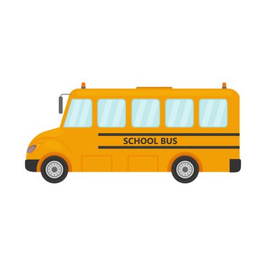Parlak sarı bir okul otobüsü. Okul çocuklarının taşınması için nakil. Çocukları eğitim kurumlarına taşımak için bir otobüs. Beyaz arkaplanda izole edilmiş vektör illüstrasyonu.