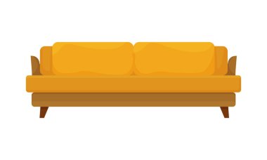 Büyük parlak sarı bir kanepe. Koltuk destekli mobilya vektör illüstrasyonu beyaz arka planda izole