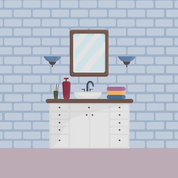 Een illustratie van de badkamer interieur met een afbeelding van een ladekast met een wastafel en een spiegel, evenals handdoeken, shampoo en lampen opknoping op een bakstenen muur. Vectorillustratie — Stockvector