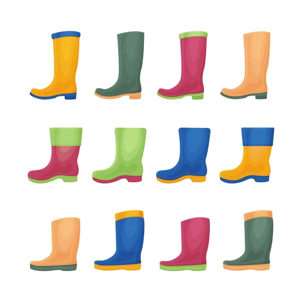 Великий набір з зображенням гумових чоботів різних кольорів і форм. Гумове взуття для прогулянок в дощову осінню погоду. Силіконові чоботи для брудних доріг. Векторні ілюстрації — стоковий вектор