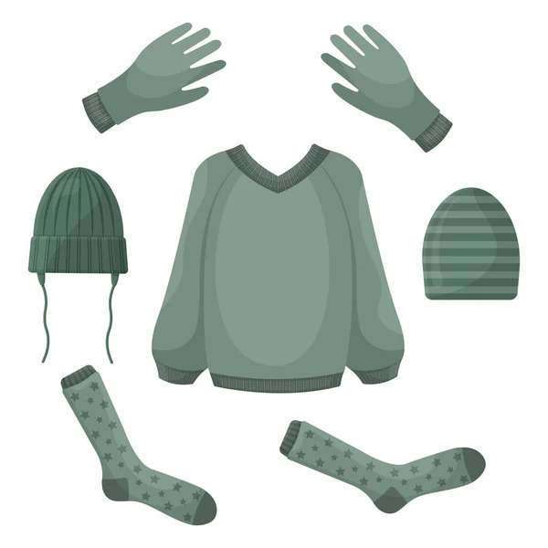 Een set bestaande uit warme herfstkleding, zoals een trui, handschoenen, warme sokken en hoeden. Herfst set van kleding voor wandelen bij koud weer. Vector illustratie op een witte achtergrond — Stockvector