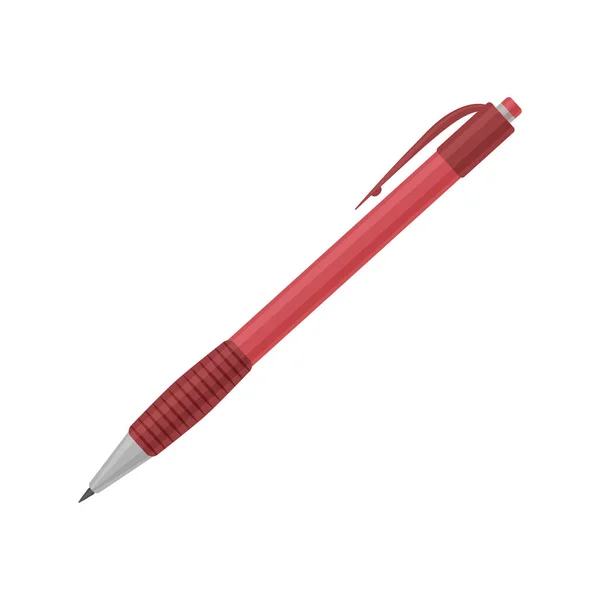 Das Bild eines Kugelschreibers ist rot. Ein Thema zum Schreiben auf Papier. Bürobedarf. Schulzugehörigkeit. Vektorillustration auf weißem Hintergrund — Stockvektor