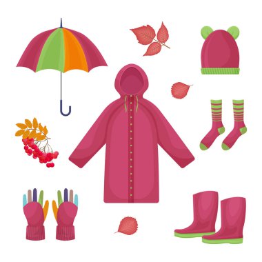 Şemsiye, yağmurluk, sıcak çorap, lastik bot, eldiven, şapka, sonbahar kırmızı yaprağı, bir rowan ağacı gibi sonbahar aksesuarlarından oluşan parlak bir set. Sonbahar sembolleri. Vektör illüstrasyonu.