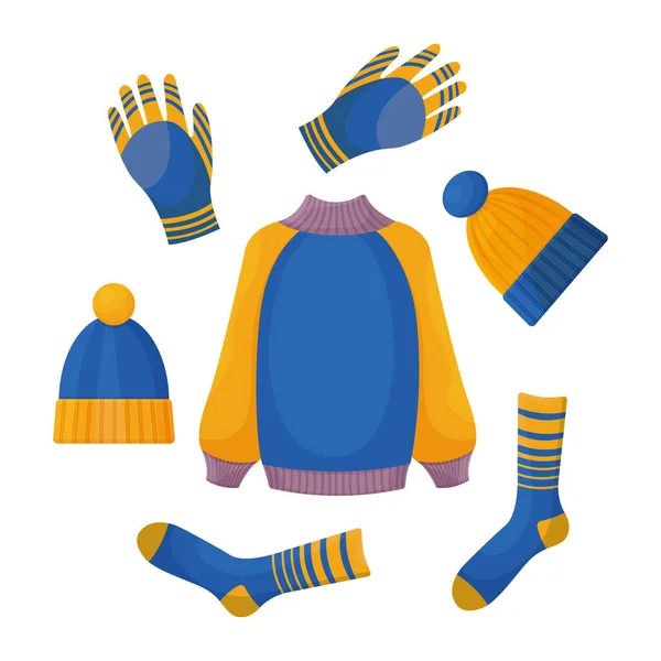 一套由温暖的秋装组成的套装 如毛衣 暖袜子和蓝黄帽子 一套秋装 在寒冷的天气里走路用 白色背景上的矢量说明 — 图库矢量图片