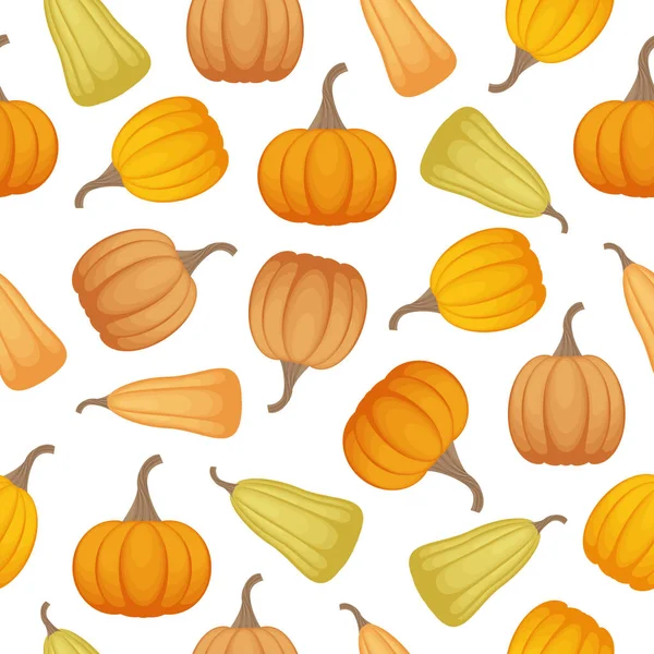 Bright Autumn Seamless Pattern Image Ripe Pumpkins Different Shapes Shades — Stock Vector