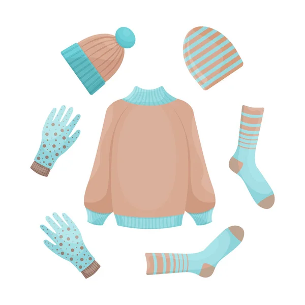 セーター 帽子などの暖かい服を特徴とする明るい秋の冬のセット 寒い気候の中を歩くための暖かい服 白を基調としたファッションセット ベクトルイラスト — ストックベクタ