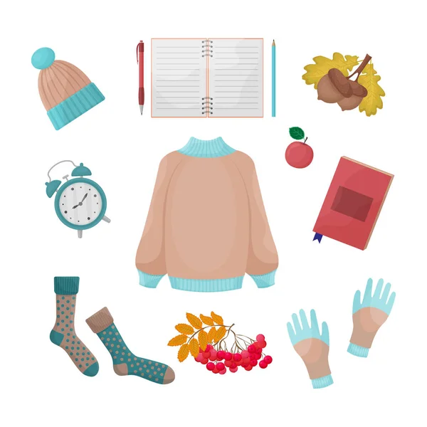 Grote Herfst Schoolset Met Het Beeld Van Warme Kleding Schoolbenodigdheden — Stockvector