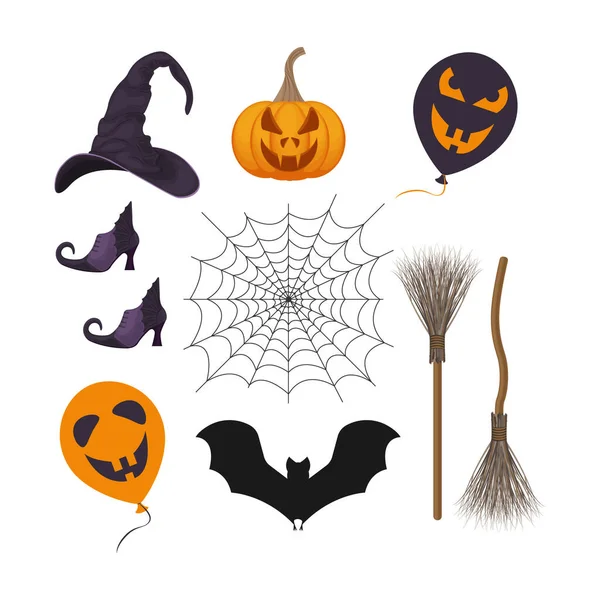 Ünnepi Díszlet Halloween Szimbólumokkal Mint Sütőtök Lámpás Boszorkány Seprű Boszorkány — Stock Vector