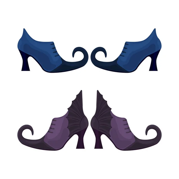 Die Schuhe der Hexe sind blau-schwarz und lila mit spitzen Zehen. Die Hexenschuhe, ein Symbol für Halloween. Vektor-Illustration isoliert auf weißem Hintergrund — Stockvektor