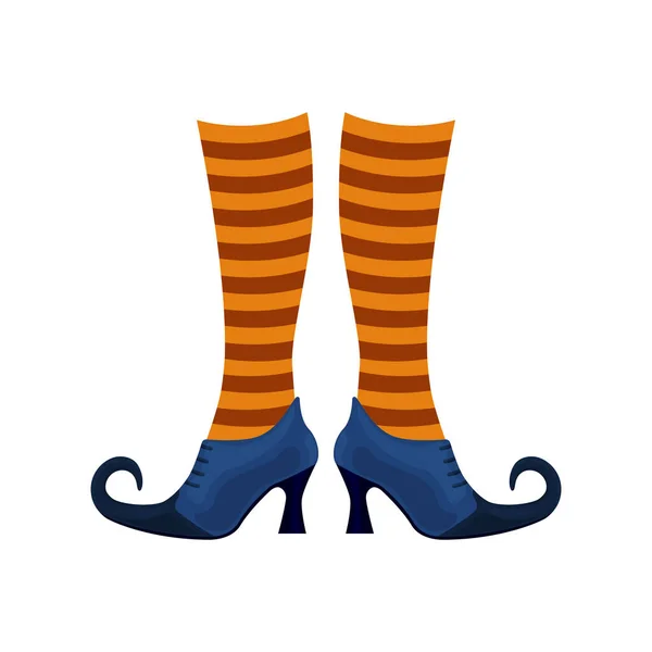 Hexenstiefel lila Farbe mit spitzen Nasen in gestreiften orangefarbenen Socken. Die Hexenschuhe, ein Symbol für Halloween. Vektor-Illustration isoliert auf weißem Hintergrund — Stockvektor