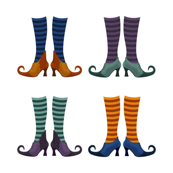 Un conjunto con la imagen de zapatos de bruja en medias de diferentes colores. Noches de brujas en medias y botas. Las botas de bruja están en calcetines.Ilustración vectorial aislada sobre un fondo blanco — Vector de stock