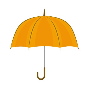 Kahverengi saplı parlak turuncu bir şemsiye. Yağmurdan ve parlak güneşten korunmak için bir aksesuar. Yağmurlu havada yürümek için bir şemsiye. Beyaz arkaplanda izole edilmiş vektör illüstrasyonu