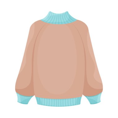 Parlak, sıcak, bej ve mavi renklerle örülmüş bir kazak. Soğuk havada yürümek için sıcak kıyafetler. Soğuktan korunmak için sıcak bir aksesuar. Beyaz arkaplanda izole edilmiş vektör illüstrasyonu