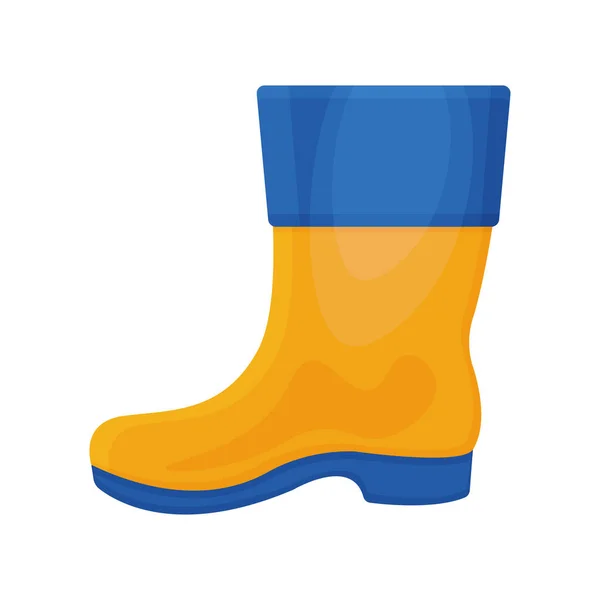 A bright rubber boot of yellow-blue color. A boot for walking in cold weather. Shoes for protection from dampness and dirt. Vector illustration isolated on a white background — Stock Vector
