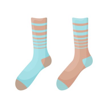 Bej ve mavi renkli parlak, çok renkli çoraplar. Örülmüş kış çorapları ayaklarınızı soğuktan korur. Beyaz arkaplanda izole edilmiş vektör illüstrasyonu.